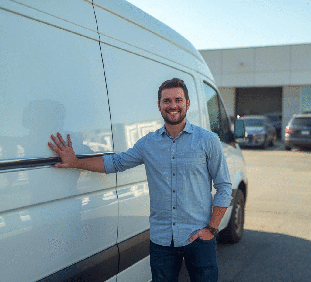 Business owner standing beside a white Sprinter van at a commercial lot in Canada